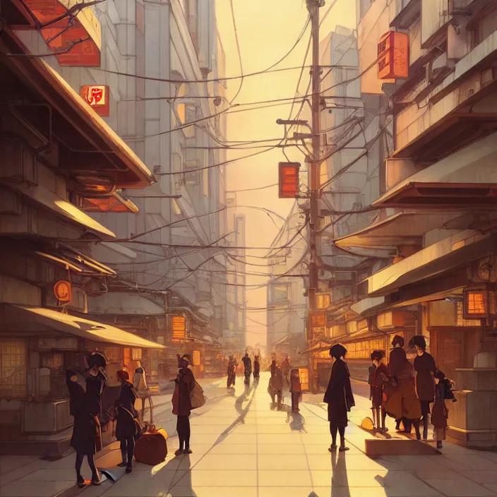 Prompt: empty tokyo, autumn, in the style of studio ghibli, j. c. leyendecker, greg rutkowski, artem