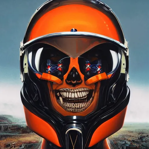 Prompt: a portrait of an cyborg skull fighter pilot wearing a helmet, vampire teeth, in an orange racing helmet by sandra chevrier, detailed render, epic composition, cybernetics, 4 k realistic, cryengine, realistic shaded lighting, sharp focus, masterpiece, by matteo scalera, gary montalbano, peter elson in the style of the tokyo ghost comic