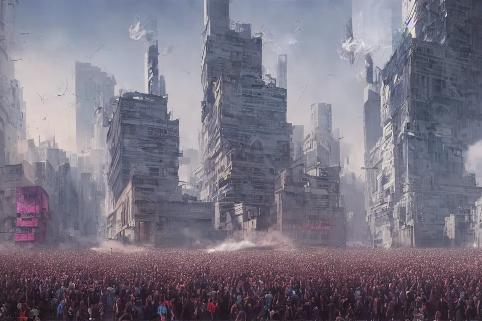 Prompt: a huge crowd, many people, protest, at dawn, totalitarian dystopia, double exposure, wide angle, tear gas, high contrast, totalitarian, brutalist architecture, hyper - realist, sharp focus, vibrant colors, detailed, volumetric lighting, impactful masterpiece, by wayne barlowe, by ivan aivazovski, unreal engine, cgsociety