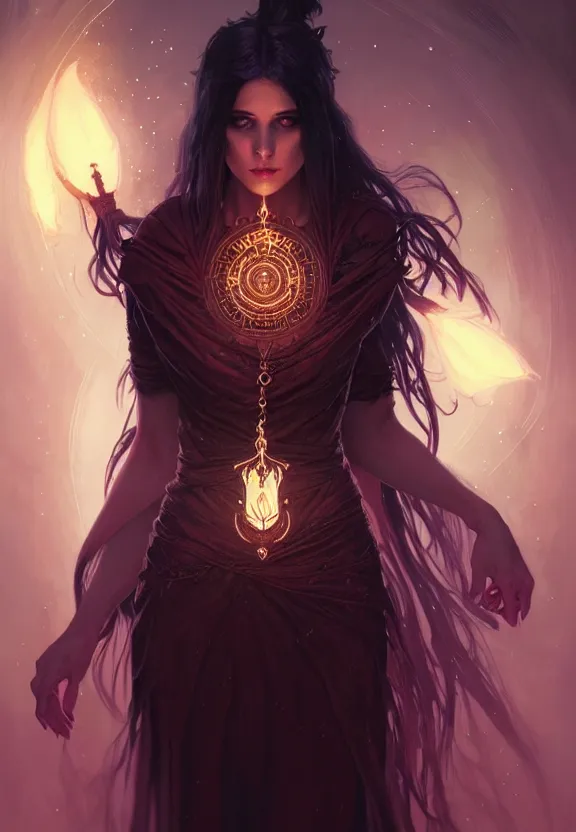 Image similar to Necromancer Sorceress in center, fantasy magic, undercut hairstyle, dark light night, intricate, elegant, sharp focus, illustration, highly detailed, digital painting, concept art, matte, art by WLOP and Artgerm and Greg Rutkowski and Alphonse Mucha, masterpiece