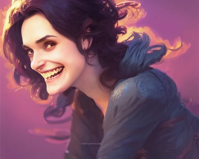 Image similar to winona ryder laughing and smiling, photography of kurzgesagt, deep focus, d & d, fantasy, intricate, elegant, highly detailed, digital painting, artstation, concept art, matte, sharp focus, illustration, hearthstone, art by artgerm and greg rutkowski and alphonse mucha