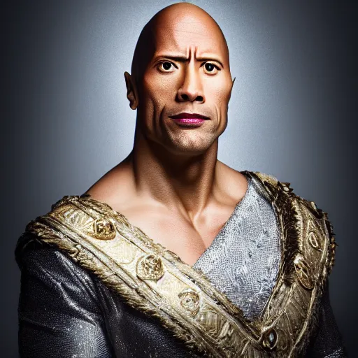 Prompt: dwayne johnson as the queen of england, wearing makeup, dressed like a georgian aristocrat, portrait, studio photography, studio lighting, high detail, 8 k