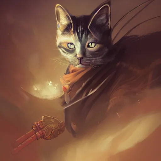 Prompt: cat as a samurai, background dark, highly detailed, digital illustration, trending in artstation, modern painting, smooth, sharp focus, intricate, by peter mohrbacher