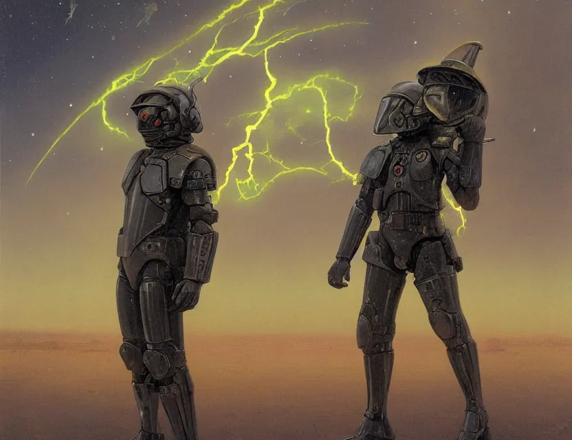 Image similar to a detailed portrait painting of a lone bounty hunter wearing combat armour and a reflective visor. Head and chest only. Movie scene, cinematic sci-fi scene. Flight suit, cloth and metal, accurate anatomy. portrait symmetrical and science fiction theme with lightning, aurora lighting. clouds and stars. Futurism by beksinski carl spitzweg moebius and tuomas korpi. baroque elements. baroque element. intricate artwork by caravaggio. Oil painting. Trending on artstation. 8k