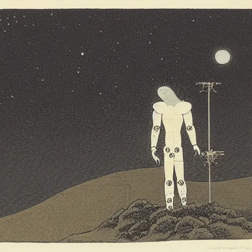 Prompt: achingly beautiful print of a cyborg, bathed in moonlight, by Hasui Kawase and Lyonel Feininger.