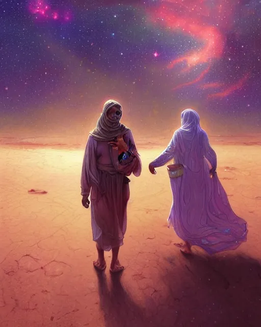 Image similar to bedouin man and woman and child in galaxy walking towards mosque surrounded by nebula, highly detailed, gold filigree, romantic storybook fantasy, soft cinematic lighting, award, disney concept art watercolor illustration by mandy jurgens and alphonse mucha and alena aenami, pastel color palette, featured on artstation