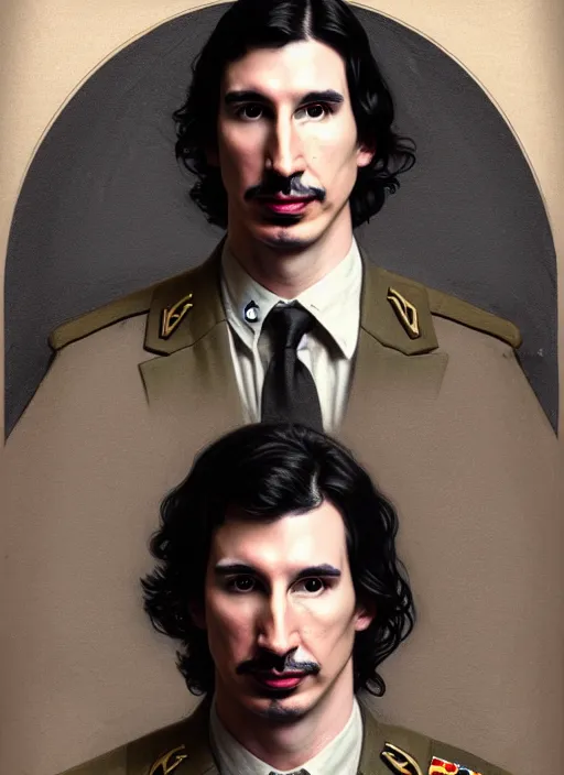 Image similar to a portrait of john oliver holding a portrait of adam driver, military uniform, fantasy, intricate, elegant, beautiful, highly detailed, charcoal, centered, dark, smokey, digital painting, artstation, concept art, smooth, sharp focus, illustration, art by artgerm and greg rutkowski and alphonse mucha