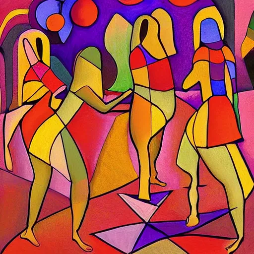 Prompt: the women gathered by the river to dance as the sun rose behind the mountains , high quality digital art in the style of cubism and georgia o’ keefe,