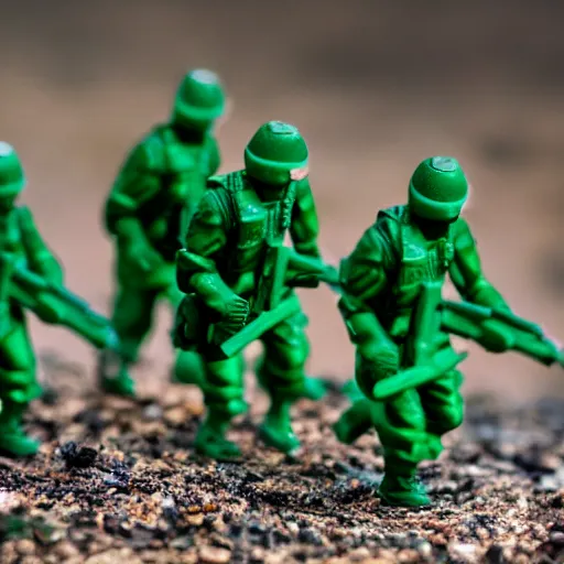 Prompt: 5 green plastic toy soldiers in set on fire with fuel . close up. DOF 100mm. F/1.8 45 45 degrees angle