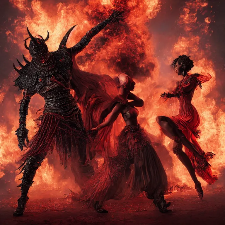 Image similar to black man and a female devil in red dress are dancing together in fire, Dark Souls 3 themed, in style of Ruan Jia, insanely detailed and intricate, golden ratio, elegant, ornate, luxury, elite, matte painting, cinematic, cgsociety, James jean, Brian froud, ross tran, Laputa