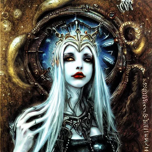 Image similar to Female Jester deity, salute to the moon, painting by Luis Royo