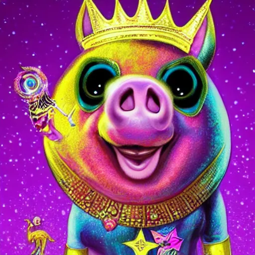 Prompt: lisa frank superhero pose pig wearing a gold crown holding 3d rectangles painting by android jones