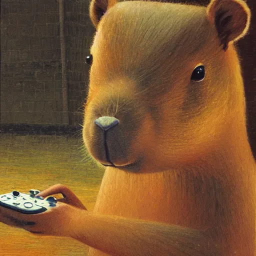 Prompt: a capybara playing video games, oil painting, by randolph caldecott