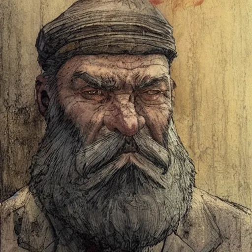 Prompt: a stunning render of a middle aged man with a greying beard by enki bilal and ivan shishkin