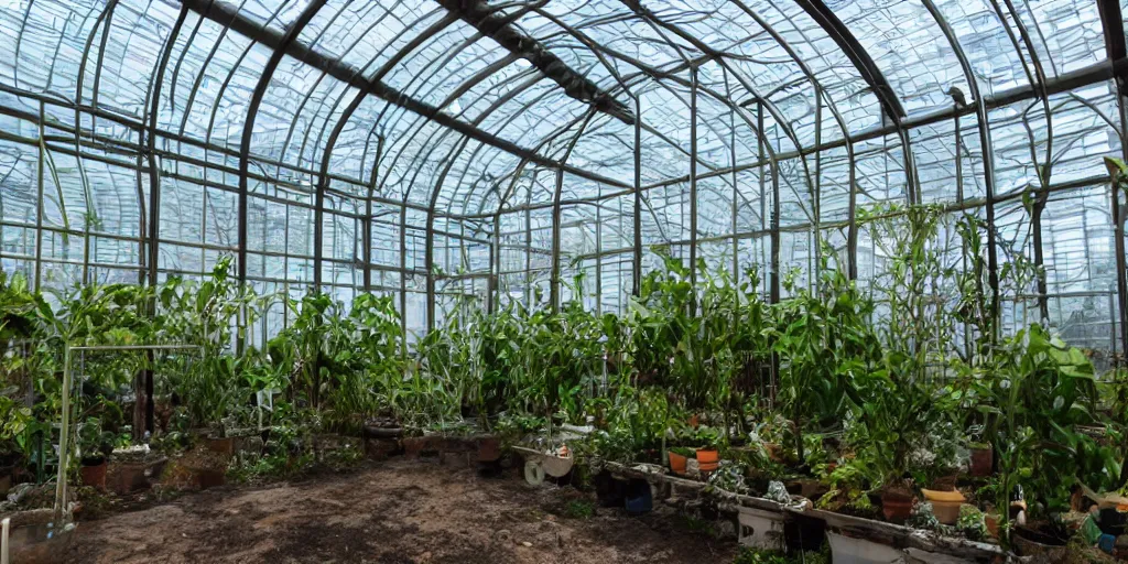 Prompt: interior of experimental greenhouse, cyberpunk.