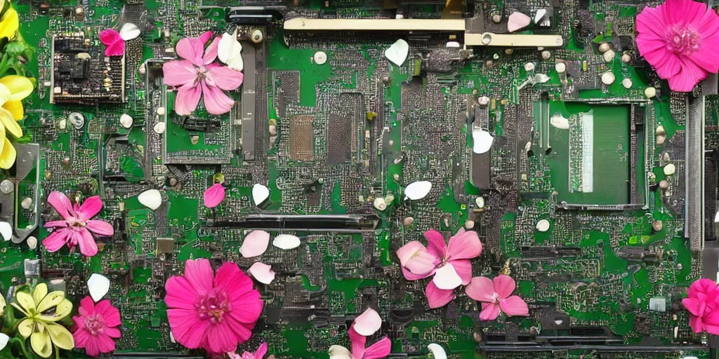 Prompt: computer motherboard overgrown with tiny! beautiful! lush!!! flowers, flower petals, leaves