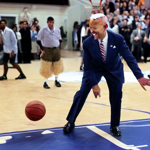 Image similar to Joe Biden playing basketball with a penguin, hyperdetailed, 4k, best photo