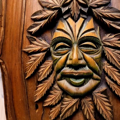 Prompt: deeply carved and stained, highly detailed wood carving depicting the face of the marijuana green man, as if made of obvious cannabis fan leaves, resting in a bed of real cannabis leaves