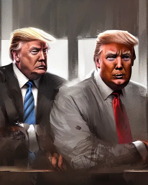 Prompt: portrait of Alex Jones and Donald trump wearing prison clothes and in a prison jail cell behind bars, Greg rutkowski , craig mullins, vibrant color, cinematográfica, digital Art, trending on artstation, octane