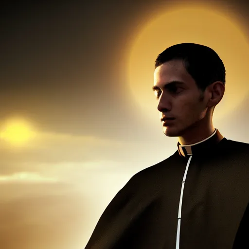 Image similar to Close up of a young, thin and stern catholic priest in his thirties fervently praying as he is about to die from the ominous yellow shadow descending upon him from the night sky. Low angle, dramatic lighting. Award-winning digital art, trending on ArtStation