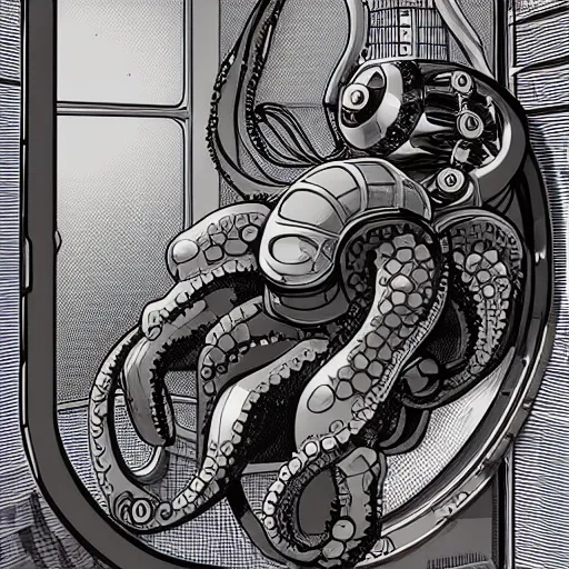 Image similar to robotic Octopus in an airlock, Industrial Scifi, detailed illustration, character portrait, by Martin Grip and Moebius