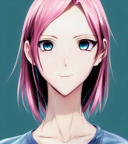 Image similar to frontal portrait of a very very beautiful anime girl with chin length pink hair wearing a white tshirt smiling, artstation, digital drawing, color manga panel, art by range murata shirow masamune and katsuhiro otomo, slightly symmetrical face, highly detailed, sharp focus, soft shadows, watercolor