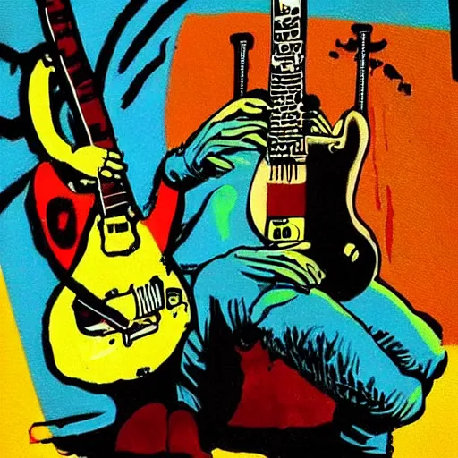 Image similar to gollum pop-art, rock-n-roll, guitar