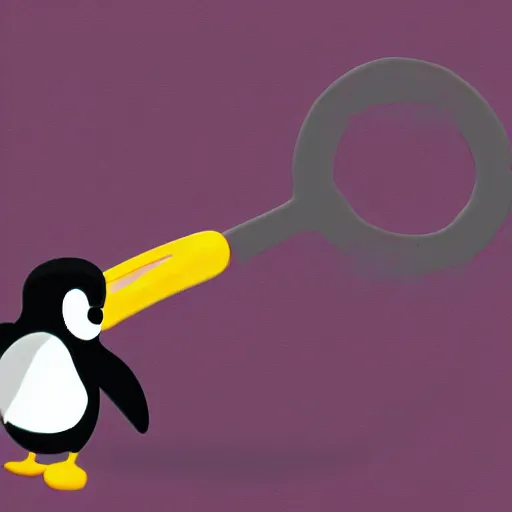 Image similar to 2 d purple penguin holding a key. disney art style. digital art. simple.