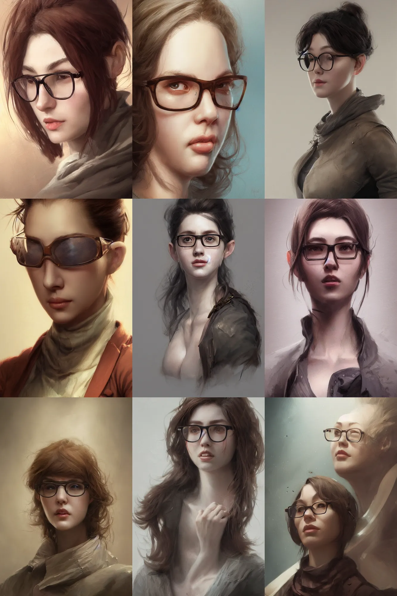 Prompt: portrait, woman, 2 5 yo, 2 5 0 lbs, center parted brown hair, sleepy eyes, snub nose, thin lips, oversized round glasses, 3 d render, hyper - realistic detailed portrait, ruan jia, wlop. scifi, fantasy, magic the gathering, hyper detailed, octane render, concept art, peter mohrbacher