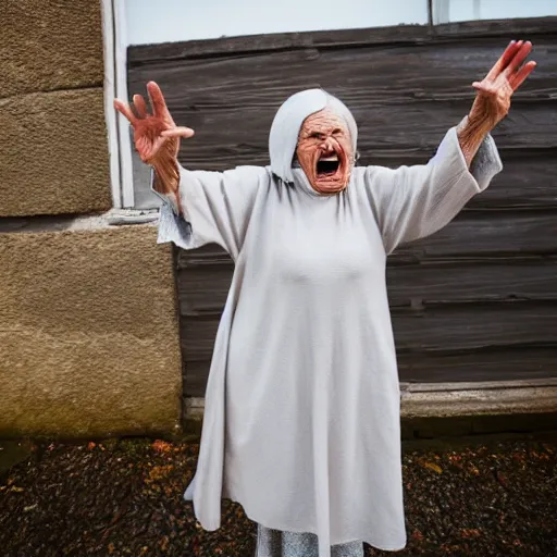 Image similar to elderly woman screaming at jesus, canon eos r 3, f / 1. 4, iso 2 0 0, 1 / 1 6 0 s, 8 k, raw, unedited, symmetrical balance, wide angle