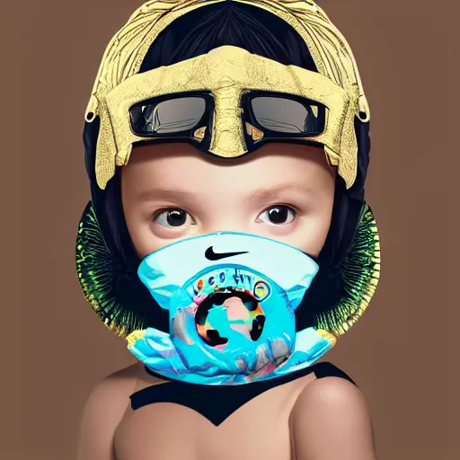 Image similar to Lofi vaporwave portrait baby cherub angel, ski mask, balaclava, face covered, Gucci, Nike, Chanel, multiple gold chains, Pixar style, Tristan Eaton, Stanley Artgerm, Tom Bagshaw