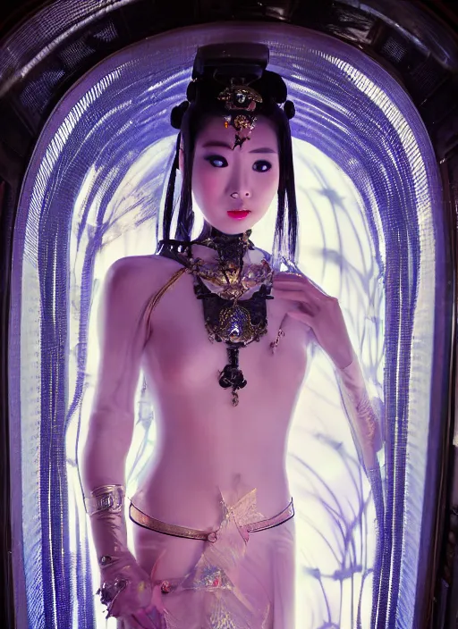 Image similar to photo shoot pose photo of beautiful Chinese ancient princess standing in the corridor in the space ship, symmetrical face, big eyes and lips, looking down, subtle makeup, clean face and body skin,ecstatic expression, ornamental jewelry and ancient translucent clothes, futuristic space ship interrior, wires with lights,depth of field, lens flares, dust in the air, moody lighting, intricate, elegant, highly detailed, centered, smooth, sharp focus, Donato Giancola, Joseph Christian Leyendecker, WLOP, Boris Vallejo, Artgerm moody photography, old photo, black and white, sepia, cinematic lighting, cinematic angle, editorial photography