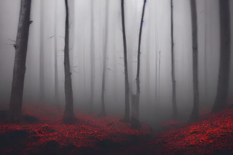 Image similar to deep dark moody forest, red fog on the ground, bleak. big stones, dark mood. mysterious. doom. realistic painting. photobashing, matte painting, highly detailed, autumn, cinematic, hyperralistic, artstation, art brut, outsider art, symbolist, dramatic lighting, god rays, clean crisp graphics, smooth sharp focus, extremely detailed