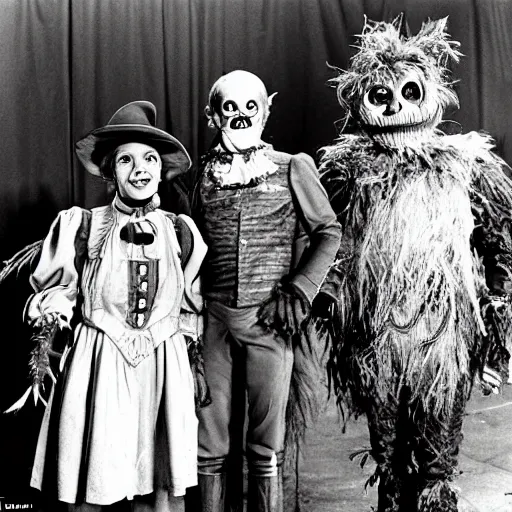 Prompt: the character tik - tok from return to oz ( 1 9 8 5 ) standing next to the characters scarecrow and tinman from the wizard of oz ( 1 9 3 9 ), behind the scenes set photo