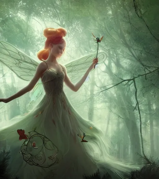 Prompt: demonic tinker bell flying in an enchanted forest, flawless symmetrical pretty cute face, greg rutkowski, 8 k, shallow depth of field, intricate detail, concept art,