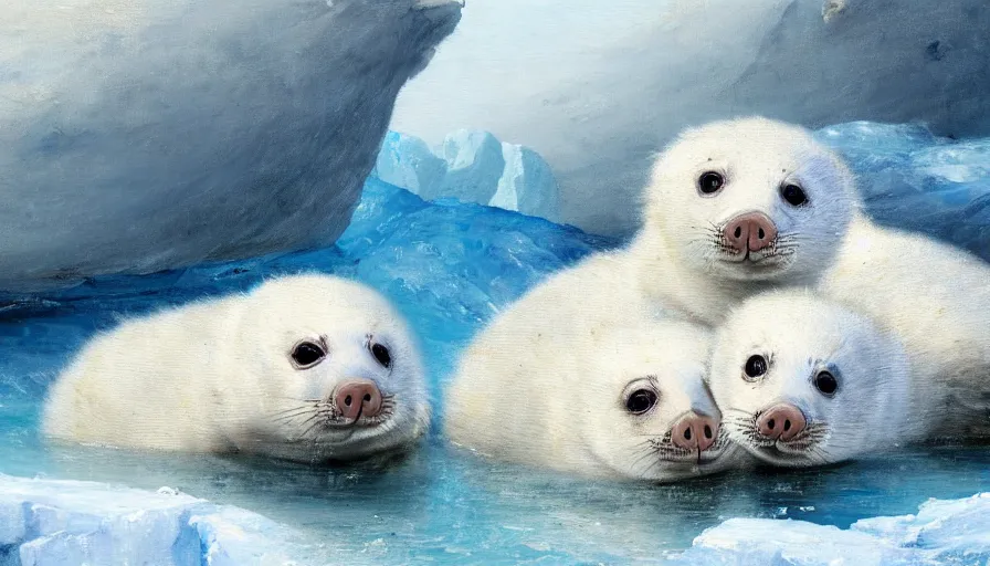 Prompt: highly detailed painting of cute furry white baby seal piglets cuddling into each other on a blue and white iceberg by william turner, by greg rutkowski, by william constable, thick brush strokes and visible paint layers, 4 k resolution