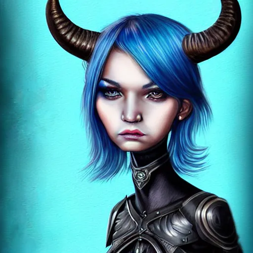 Image similar to illustrated realistic portrait female ram-horned kobold with asymmetrical bob haircut blue hair with black evil devil eyes wearing strap leather armor by rossdraws