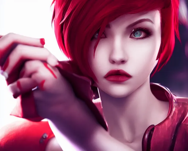 Image similar to a girl with short red hair, cool, vi from arcane, league of legends, fighter, cool red jacket, tattoo, beautiful, 3 d, potrait, art staion, studio light, closeup shot, octane render, wlop