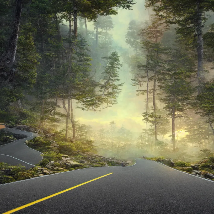 Image similar to surrealist abstract artwork of a highway road leading to the horizon through a thick forest down a rocky mountain coast towards the sunset. atmospheric landscape, soft tones, psychedelic, ultra realistic, concept art, modern art, photorealistic, octane render. art by nori inoguchi and sam kaplan and zachary goulko and christopher marley