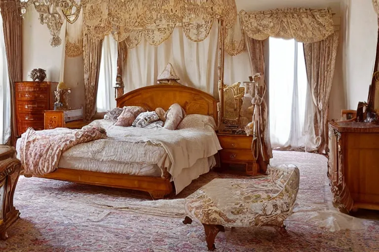 Prompt: A sunny bedroom, exquisite decoration, all restoration furniture