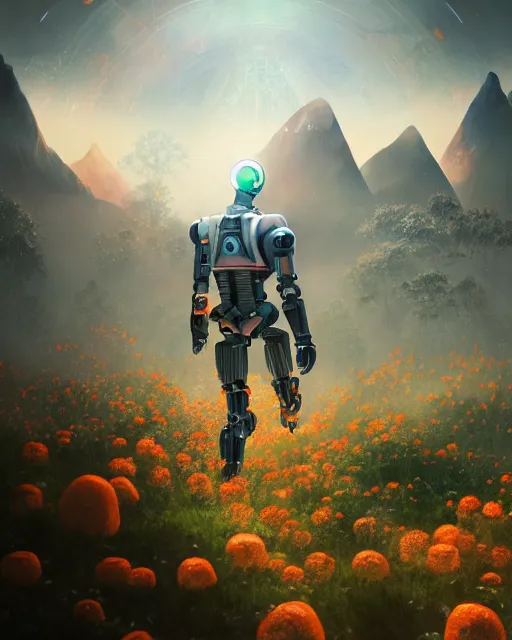 Image similar to friendly carrot cyborg, robocop, scifi farm, morning light, aura of carrots, weather station, flowers, cinematic, mountains, epic design, atmosphere, welcoming smile, high quality, perfect, 8 k high detail, masterpiece, trending on artstation, by akihiko yoshida, marco plouffe
