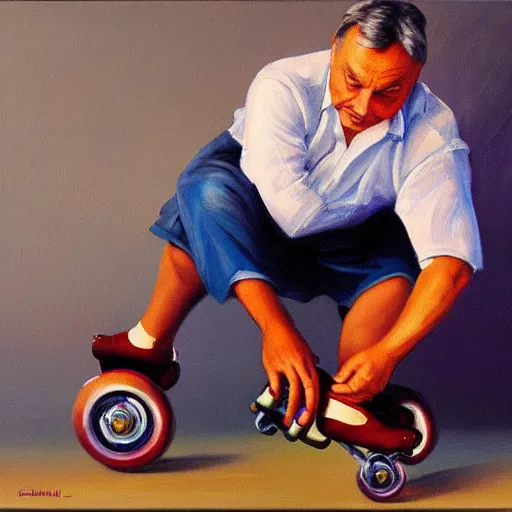 Image similar to viktor orban putting on rollerskates, oil painting