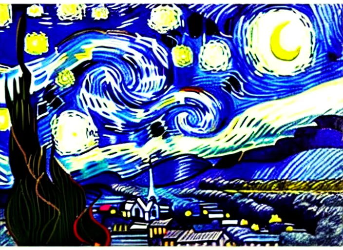 Prompt: starry night vii poster but the black is white and the dark blue is light, deep detailed