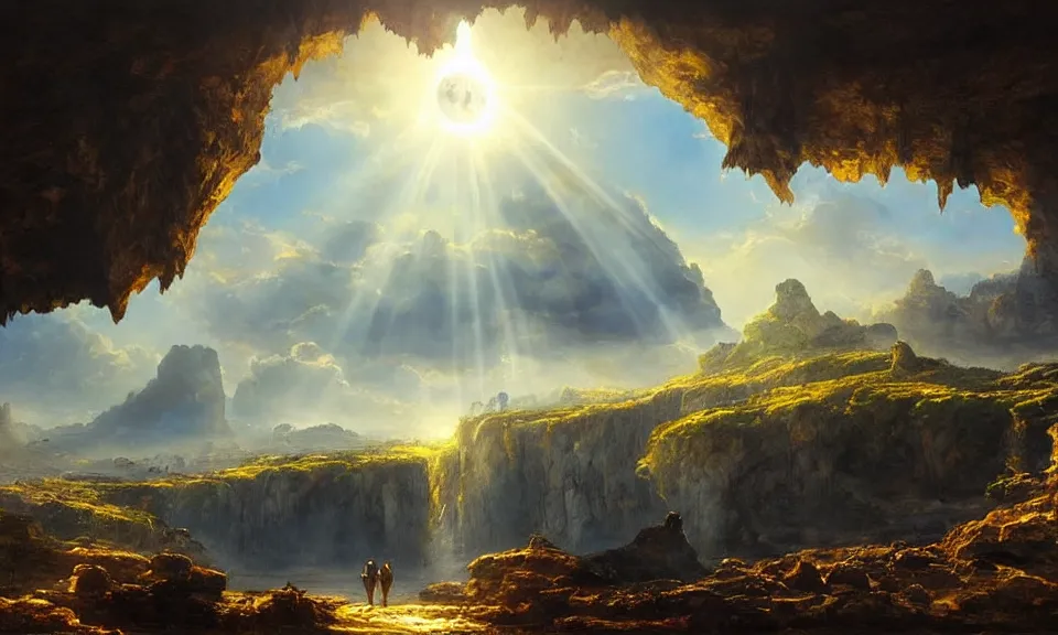 Image similar to the most beautiful panoramic landscape, oil painting, huge and majestic city underground, in a giant cave with a floating sun, epic, vast, cinematic lighting, highly detailed, very realistic