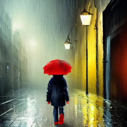 Image similar to A small child wearing a yellow rain coat walking alone in a dark alley,it is raining heavily, scary atmosphere,gloomy lighting, oil painting , highly detailed , high contrast, beautiful lighting, award winning , trending on art station, 8k, photo realistic