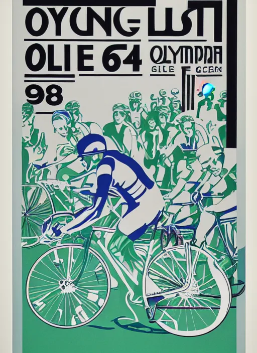 Image similar to cycling poster for 1 9 6 8 olympic games by otl aicher. screen printed. silver, blue, green, black. on white paper.