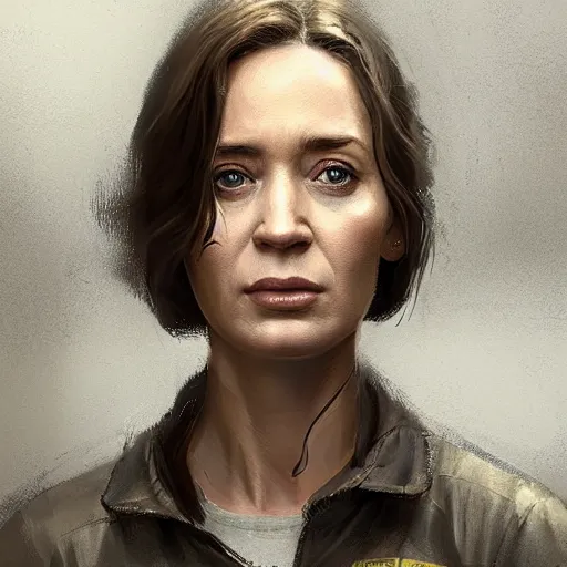 Image similar to portrait of a woman by greg rutkowski, emily blunt as an engineer, she is about 4 0 years old, wearing a utilitarian jumpsuit, highly detailed portrait, digital painting, artstation, concept art, smooth, sharp foccus ilustration, artstation hq