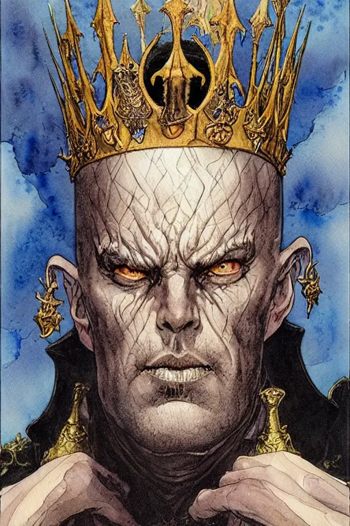 Image similar to a realistic and atmospheric watercolour fantasy character concept art portrait of an evil king with a black crown looking at the camera with an intense gaze by rebecca guay, michael kaluta, charles vess and jean moebius giraud