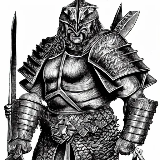 Image similar to ogre warrior wearing plated armor who is holding a battle axe in the style of warhammer fantasy : : head and torso drawing