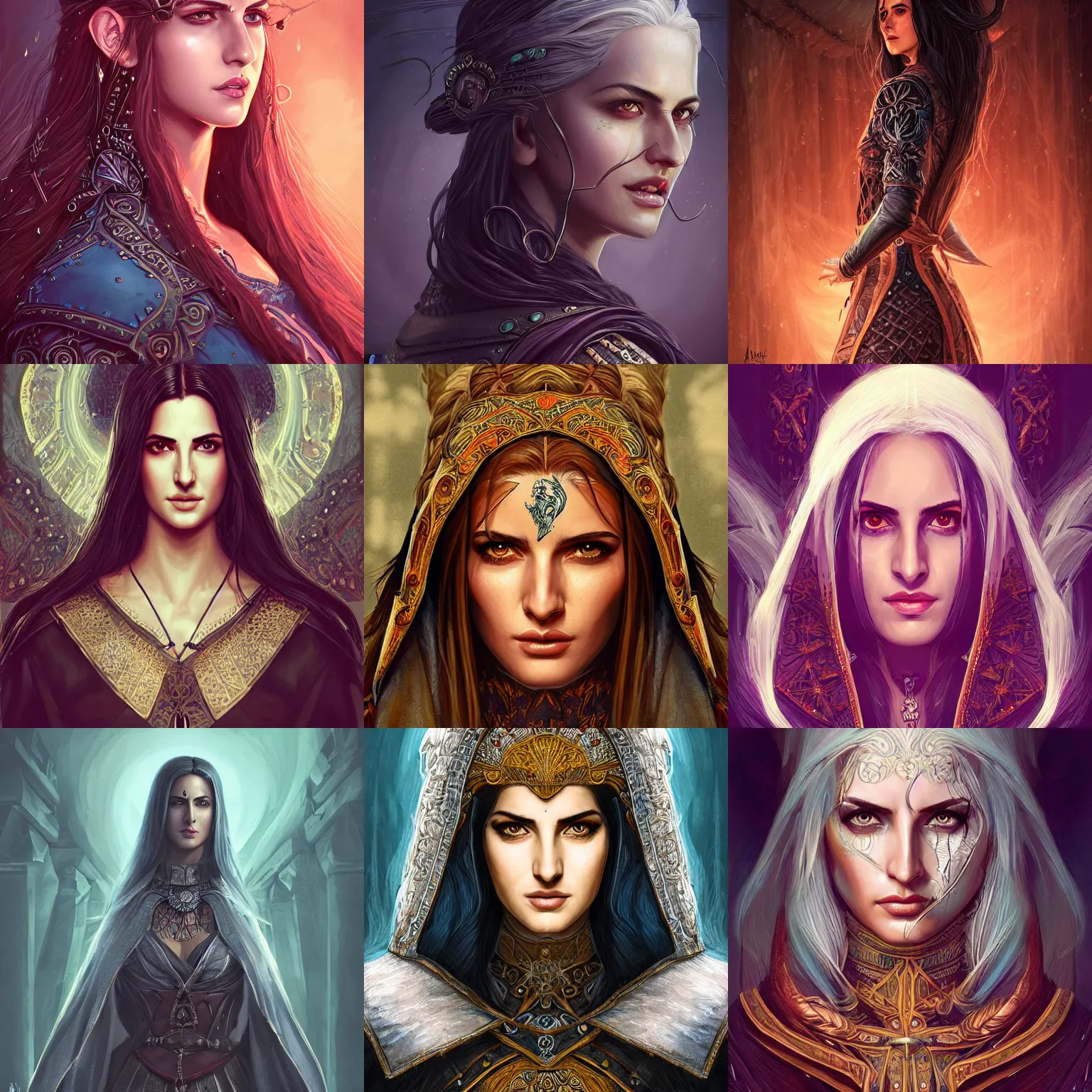 Prompt: head-on centered symmetrical painted portrait, Katrina Kaif as a Witcher Mage, intricate fantasy robes, fantasy, intricate, elegant, highly detailed, digital painting, smooth, sharp focus, illustration, dramatic lighting, artstation, in the style of Artgerm and Anna Podedworna and Alex Ross